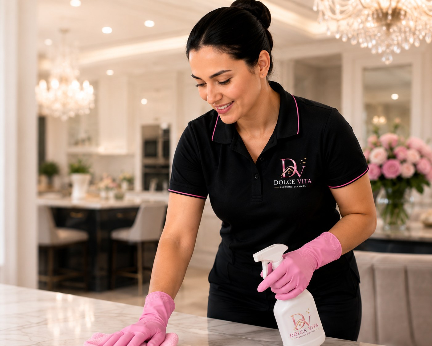 Dolce Vita cleaner vacuuming a bright, elegant living room